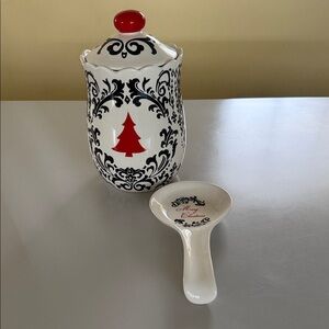 Elegant Black and White Ceramic Jar with Red Tree Design